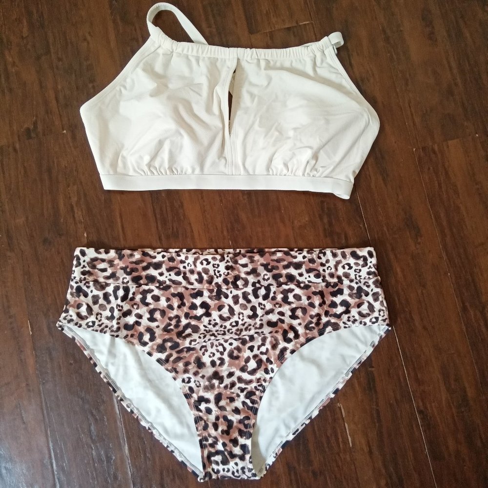NWT Time & Tru Vanilla Dream Swim Top Size 1X & Cheetah Bottoms Size XL